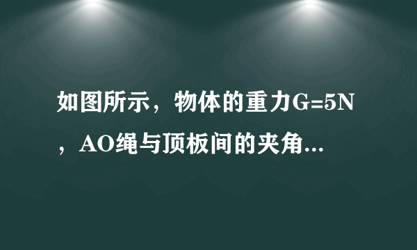 如图所示，物体的重力G=5N，AO绳与顶板间的夹角为45°，BO绳水平．则AO绳的拉力为 5             2       5             2      N，BO绳的拉力为______N．